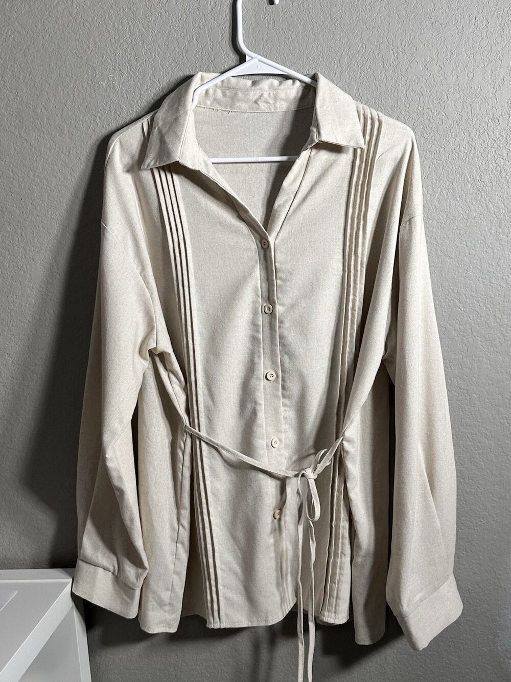 Cream Linen-Blend Pleated Button-Down Tie-Waist long sleeves Blouse - Tall L